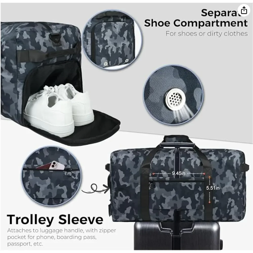 Foldable Travel Duffle Bag with Shoes Compartment, Water Repellent- Black Camo